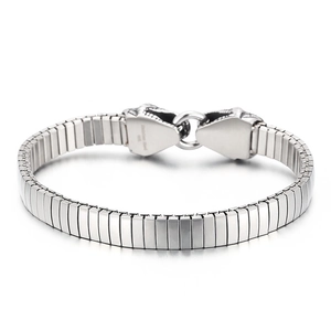 Men's punk double wolf head stretch stainless steel bracelet with silver finish