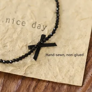 Handmade black bow necklace with spinel beads and stainless steel clasp in retro style