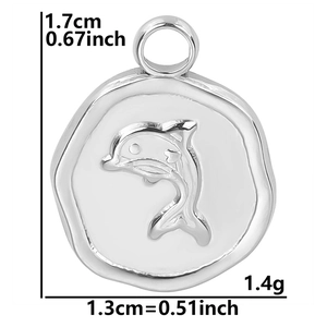 Detail view of silver dolphin pendant with 1.7cm height and 1.3cm width measurements