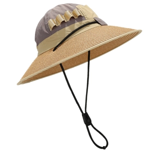 Quick-dry patchwork straw wide-brim sun hat with adjustable windproof drawstring for outdoors