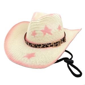 Pink star pattern Western straw cowboy hat with leopard print band and chin strap