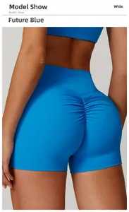 Détail du short de yoga bleu à taille haute avec design de levage des fesses