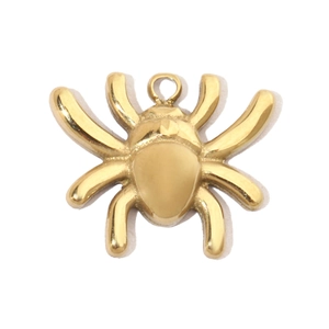 Detailed close-up of a golden spider pendant in polished titanium steel for jewelry DIY