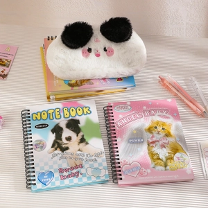 Cute cartoon cat and puppy spiral notebooks with white plush cat pencil case set