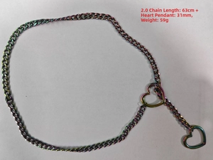 Rainbow stainless steel Cuban chain necklace with heart pendants and 63cm link details