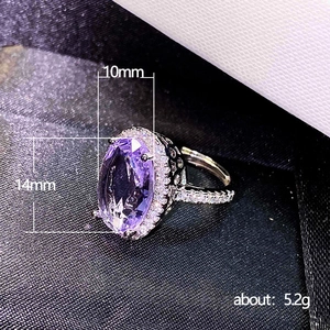 Luxurious 14x10mm oval purple amethyst ring with micro-pave zircon side stones