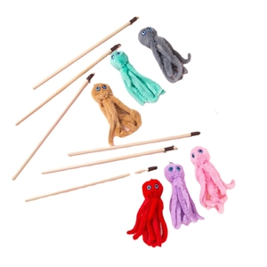 Cat wand set with 6 colorful plush octopuses and wooden sticks for interactive play