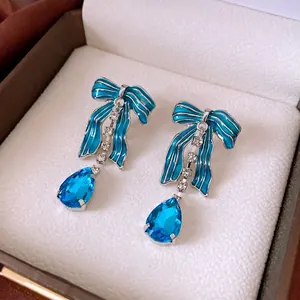 Vintage Palace Style Blue Bowknot Water Drop Pendant Earrings With Silver Earring Post Alloy Crystal Rhinestone For Women