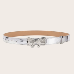 Chic silver bow buckle belt for women with metallic mirror finish on premium leather