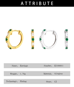 Detailed macro view showing gold and silver 925 sterling silver earrings with green CZ stones