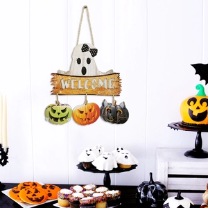 Halloween Welcome sign featuring a white ghost, pumpkins and black cat with LED lights