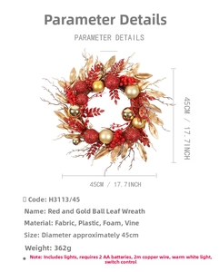 Close-up of 45cm Christmas wreath with red gold ornaments and warm LED copper lights