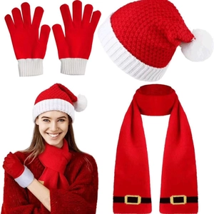 Christmas knit set with red and white striped hat scarf and gloves with buckle details