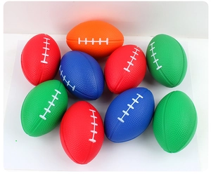 Top view of mini PU foam American football toys in red, blue, green and orange colors
