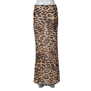Detailed view of leopard print maxi skirt fabric and pattern on a display mannequin