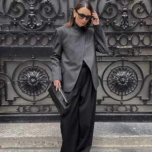 Giacca Blazer Da Donna A Quadri Collo Alto Design Asimmetrico Manica Lunga Poliestere Stile Britannico Elegante Cappotto