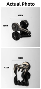 Detailed view of punk key and claw earrings with precise size measurements in cm