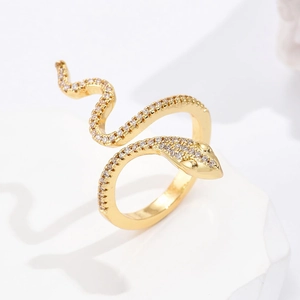 Snake Open Ring Copper 18K Gold Plated Micro Paved Cubic Zirconia Adjustable Fashion Jewelry For Women