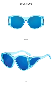 Detailed views of trendy blue Y2K sunglasses with streamlined hollow side frames and blue lenses