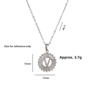 Silver letter V pendant necklace with zircon halo showing 15mm dimensions and specifications