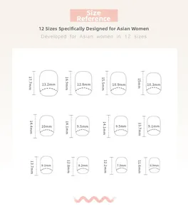 Size chart showing 12 sizes of press-on nails for women with precise width and length
