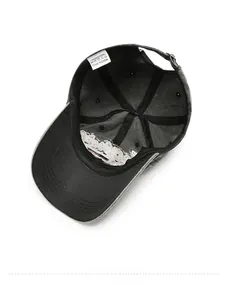Interior view of washed cotton baseball cap with 100% cotton label and metal buckle