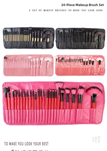 Detailed comparison of 24-piece makeup brush sets with matching leather roll-up pouches
