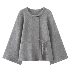 Cardigan kimono grigio in maglia francese con laccetto laterale e maniche a fessura
