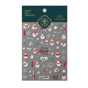 5D embossed Christmas snowman nail art stickers with 3D relief texture and snowflake designs