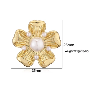 French vintage gold flower earrings with pearls in C-shape design and 25mm size
