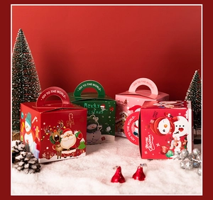 Detailed view of festive Christmas candy gift boxes with Santa and reindeer illustrations
