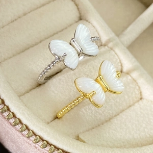 18K gold plated mother of pearl butterfly rings with beaded band in silver and gold colors