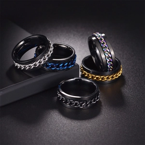 Detail view of five rotating chain rings in titanium steel with diverse color options