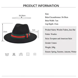 Chapeau fedora en laine noire avec ruban rouge et vert pour hommes et femmes
