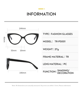 Size chart for cat-eye TR90 frames showing detailed measurements and specifications