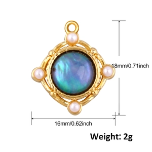 Golden square shell pendant with pearls and dimension details of 18mm by 16mm