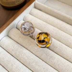 French vintage resin leopard print open rings with marble texture and gold metal edges