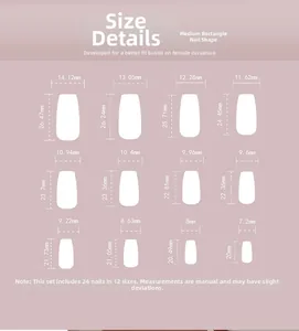 Size chart for medium-long square press-on nails showing 12 dimensions and 24 pieces