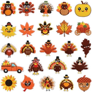 Thanksgiving Turkey Embroidery Patches Iron On Sew On Autumn Harvest Theme Cartoon Pumpkin Maple Leaf For Clothes Bag Decoration