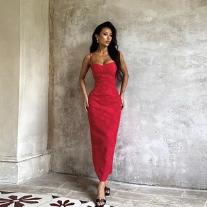 Women Sexy Backless Bodycon Maxi Dress Rose Jacquard Pattern Sleeveless High Waist Long Evening Slit Hem