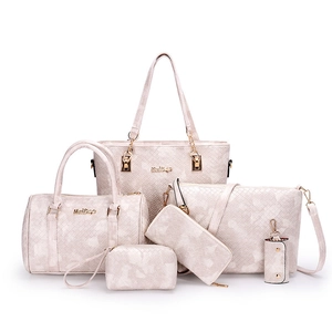 Chic 6-piece cream tote bag set with geometric texture and gold-tone hardware for women