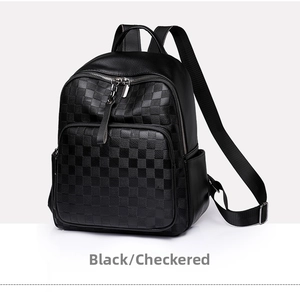 Close-up of black checkerboard embossed backpack with matte leather and zip details