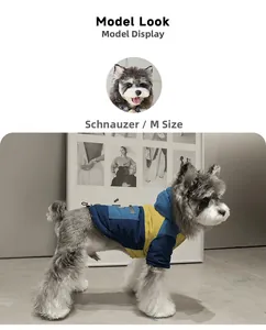 Detail of color-block dog puffer jacket with hood and pocket for small pets