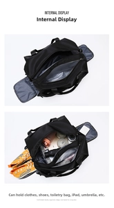 Detail view of travel bag with independent shoe compartment and spacious interior