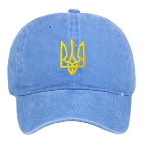 Blaue Baseballkappe aus gewaschener Baumwolle mit gelb gesticktem ukrainischem Wappen-Motiv