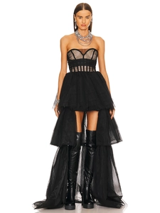 Chic black strapless tulle tiered dress with corseted waist and high-low ruffled hemline