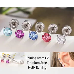 Round Cubic Zirconia Cartilage Stud Earrings Titanium Steel Screw Flat Back Piercing Jewelry Fashion Women