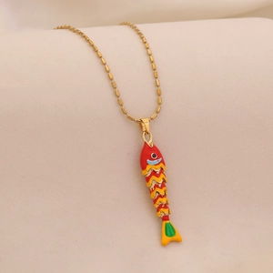 Colorful enamel fish pendant necklace with swinging scales on a golden bead chain