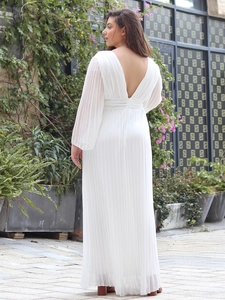 Elegant white pleated maxi dress with deep V-neck and open back design for formal events