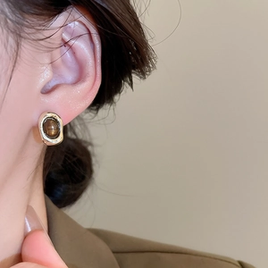 Close-up detail of vintage tiger eye stone earring with gold geometric round setting